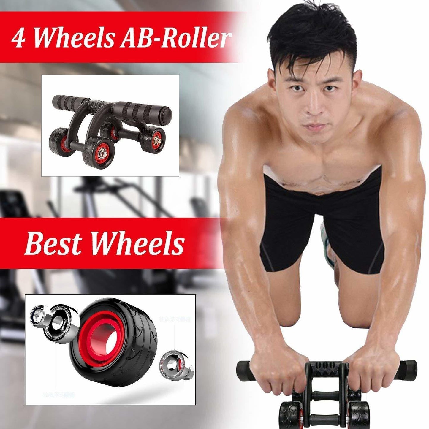 Abdominal Stomach Exerciser 4 Roller/Wheel Training Equipment Abs Massager (Green)